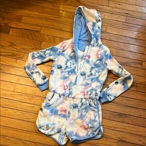 Fleece Tie-Dye Hooded Plush Girl Sz. 8 Long-sleeve Blue Pink White Shorts Romper